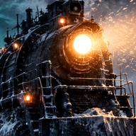 Fright Train guide emblem: a locomotive headlight in falling snow, original artwork