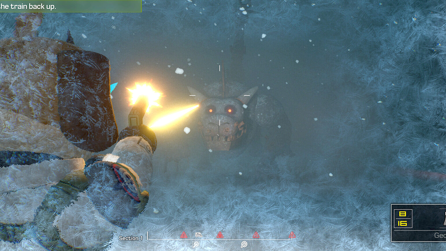 Official Fright Train store screenshot: the agent firing a pistol at a bone-faced creature half-buried in snow outside the train
